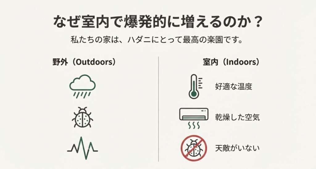 野外と異なり、室内は適温・乾燥・天敵不在というハダニが爆発的に増える好条件が揃っている
