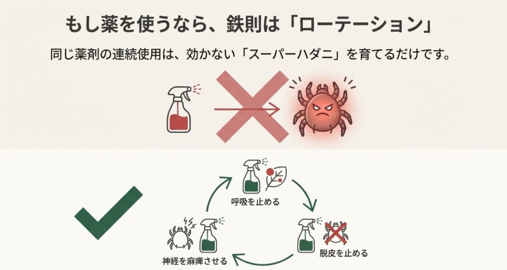 同じ薬剤の連続使用を避け、呼吸・脱皮・神経など異なる作用機序の薬を使い分ける重要性