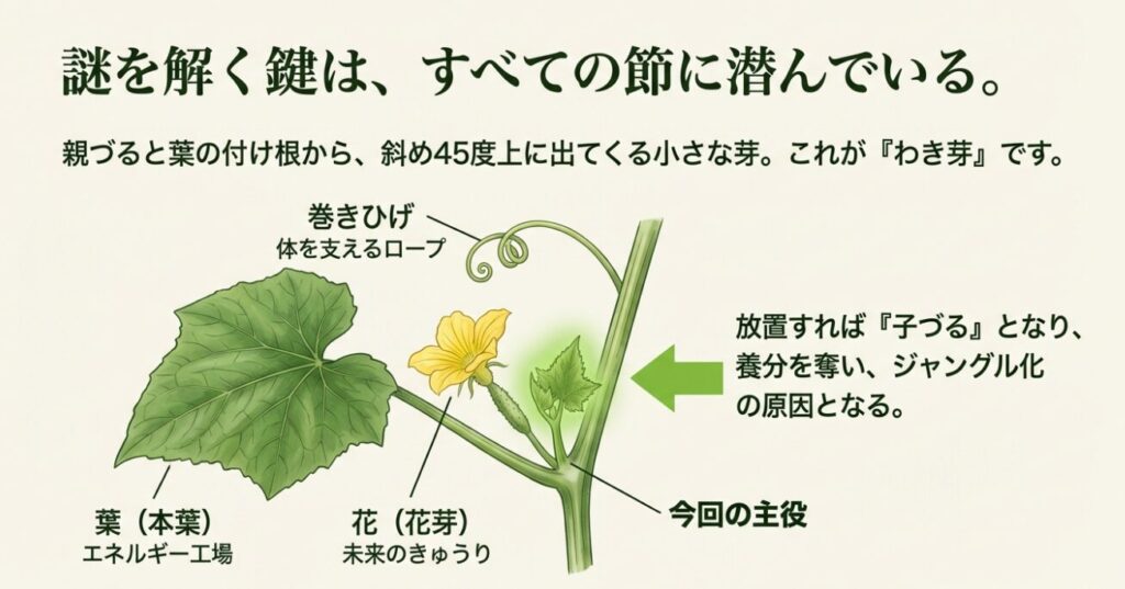 きゅうりの親づると葉の付け根から出るわき芽、花芽、巻きひげ、本葉の位置関係を示したイラスト