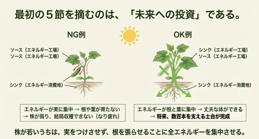 きゅうりのエネルギーの流れを図解。最初の5節を摘むことで根と葉に養分を集中させる仕組みのイラスト