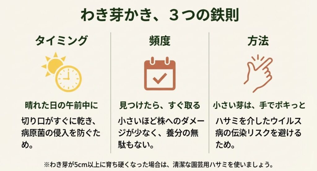きゅうりのわき芽かきを行うべき晴れた日の午前中というタイミングや、手で取る方法についての解説