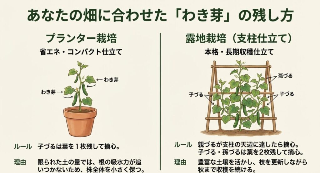 プランター向けのコンパクト仕立てと、露地栽培向けの支柱仕立ての整枝方法の違いを示した図解