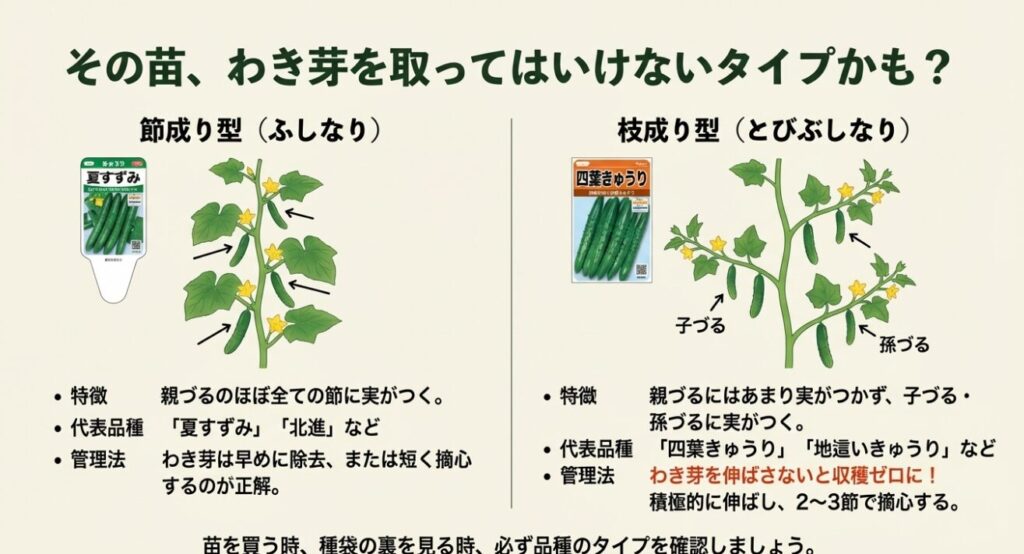 親づるに実がつく節成り型(夏すずみ等)と、子づるに実がつく枝成り型(四葉等)のイラスト比較
