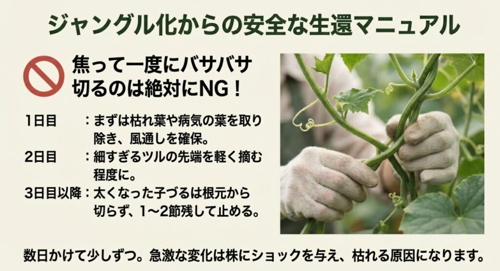 ジャングル化したきゅうりを一度に切らず、数日かけて剪定し回復させる手順のイラスト