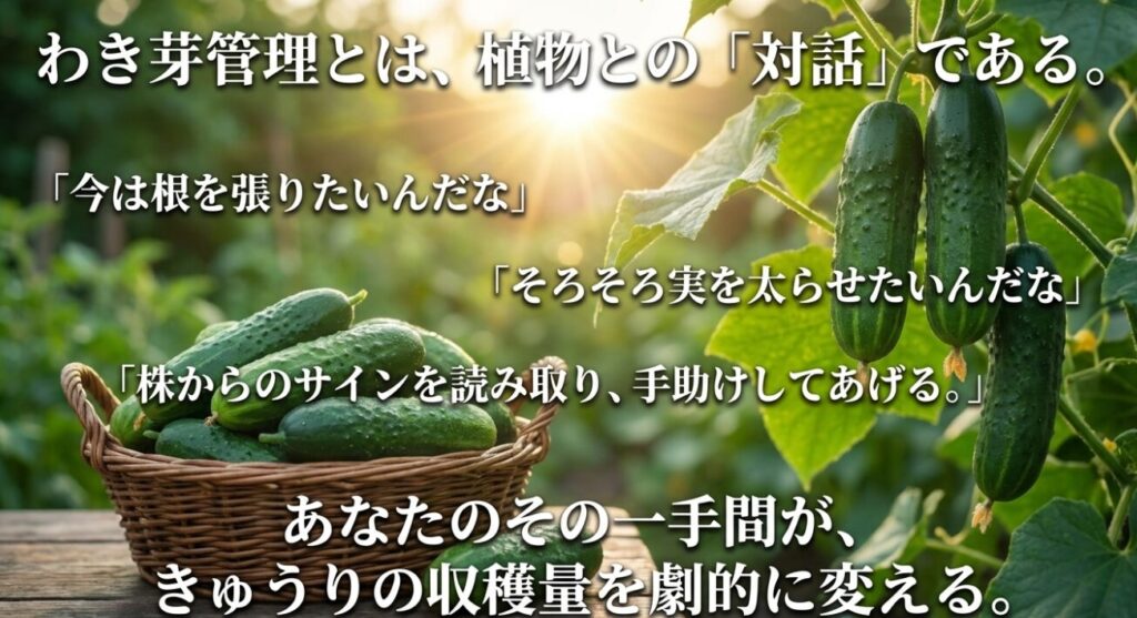 きゅうりの株からのサインを読み取り、適切な手入れをすることで収穫量が変わるという概念図