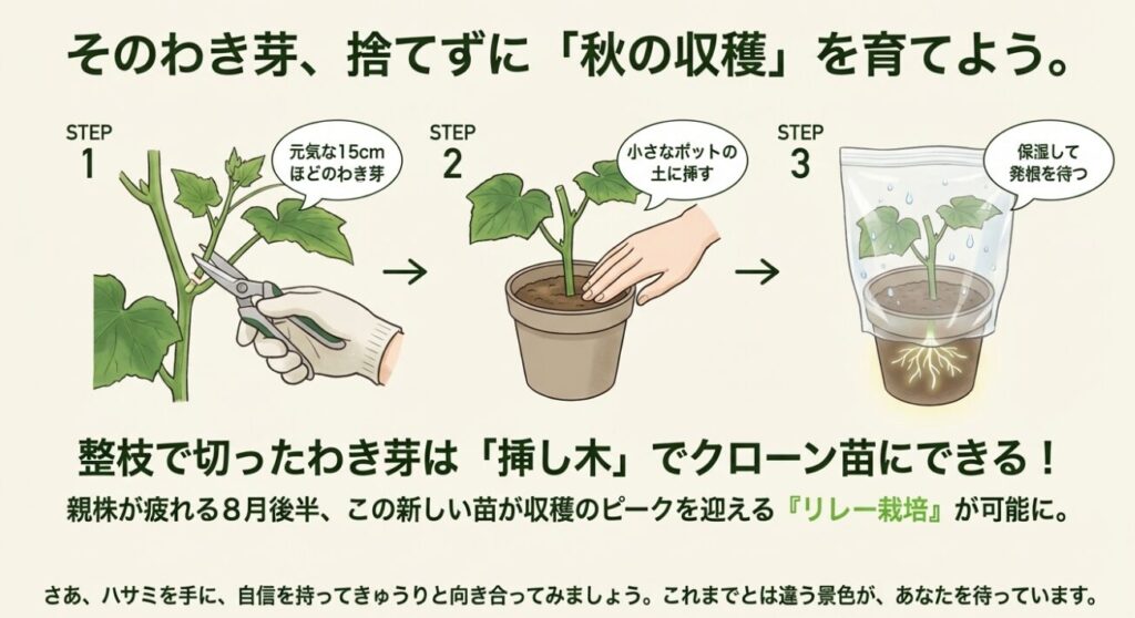 きゅうりのわき芽をカットし、ポットに挿して保湿し発根させるまでの3ステップ図解