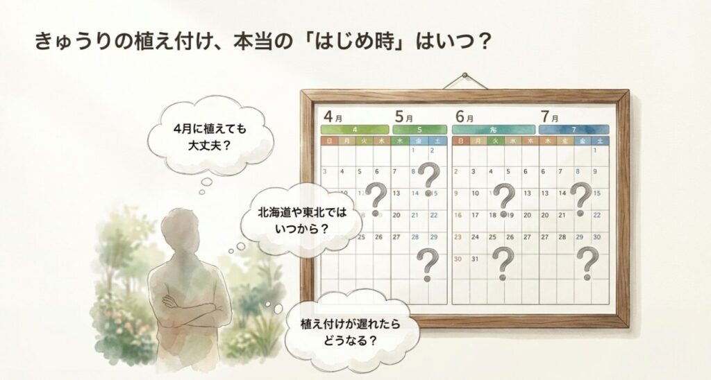 4月のカレンダーときゅうりの植え付け時期に悩むイラスト