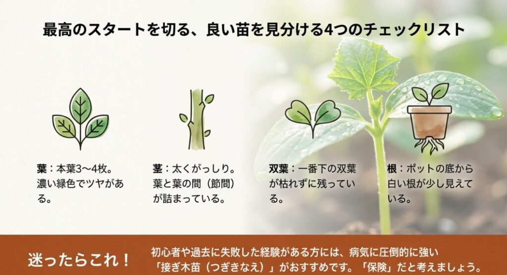 良いきゅうり苗を見分ける4つのポイント（葉、茎、双葉、根）
