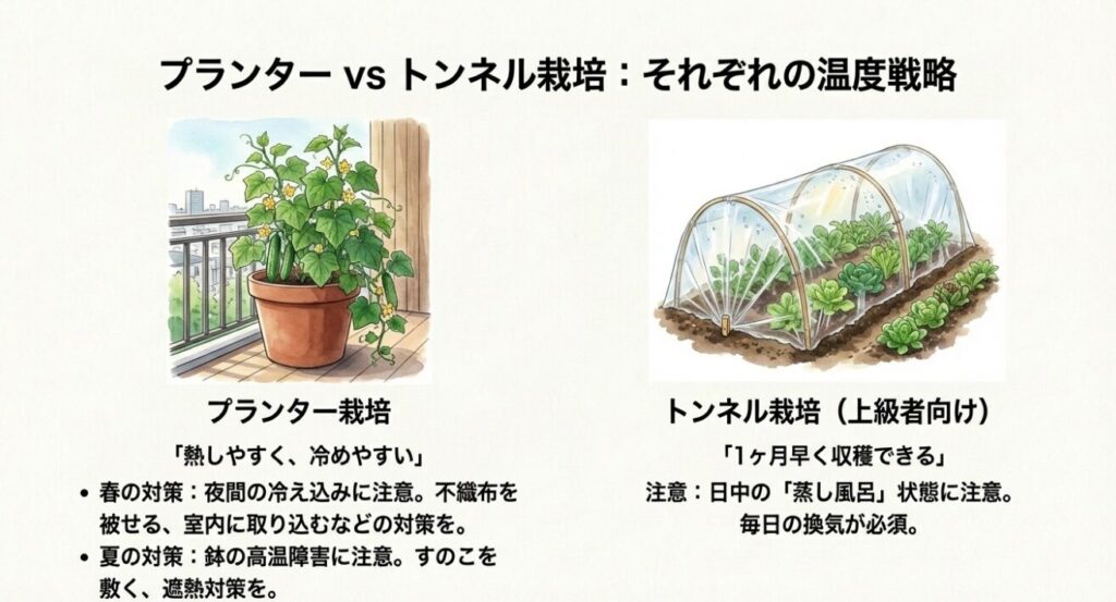 プランター栽培とトンネル栽培の温度対策の違い