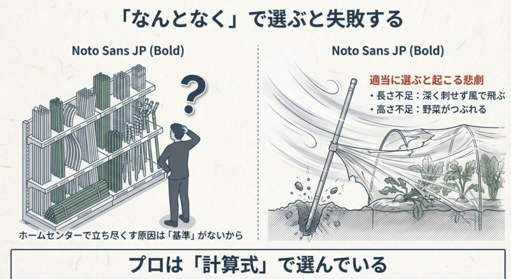 ホームセンターで支柱選びに迷う様子と、長さ不足や高さ不足で起こる家庭菜園の失敗例