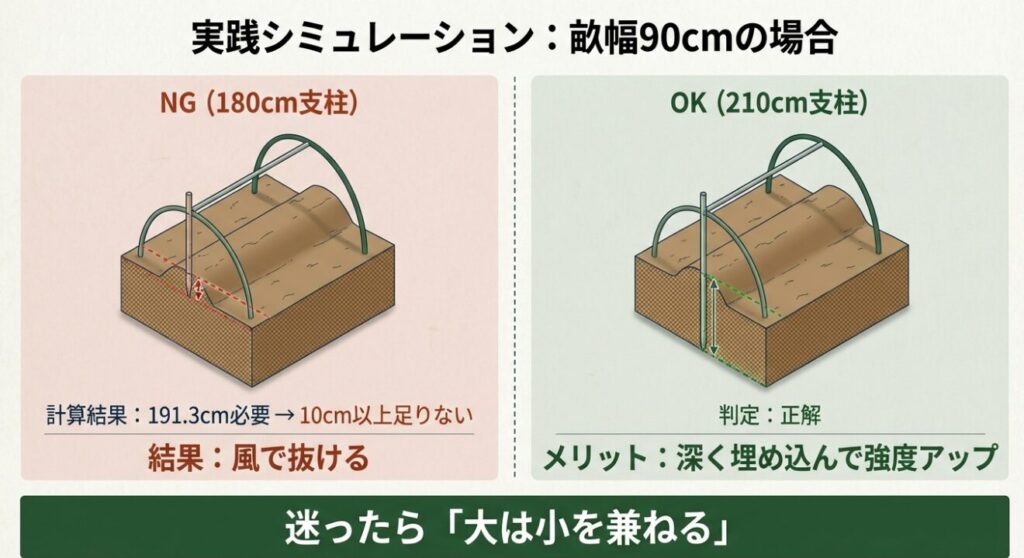 畝幅90cmの場合の支柱長さシミュレーション。180cmでは長さ不足で、210cmが最適であることを示す比較図