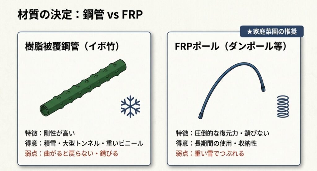 樹脂被覆鋼管（イボ竹）とFRPポール（ダンポール等）の特徴、メリット・デメリットを比較した表