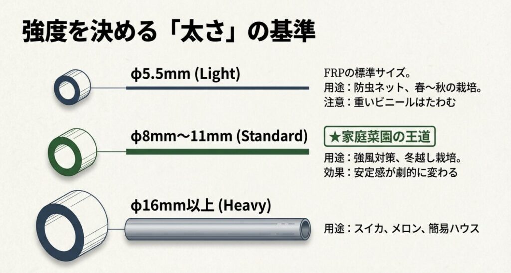 トンネル支柱の太さ（5.5mm, 8mm-11mm, 16mm）ごとの用途の違いと強度基準