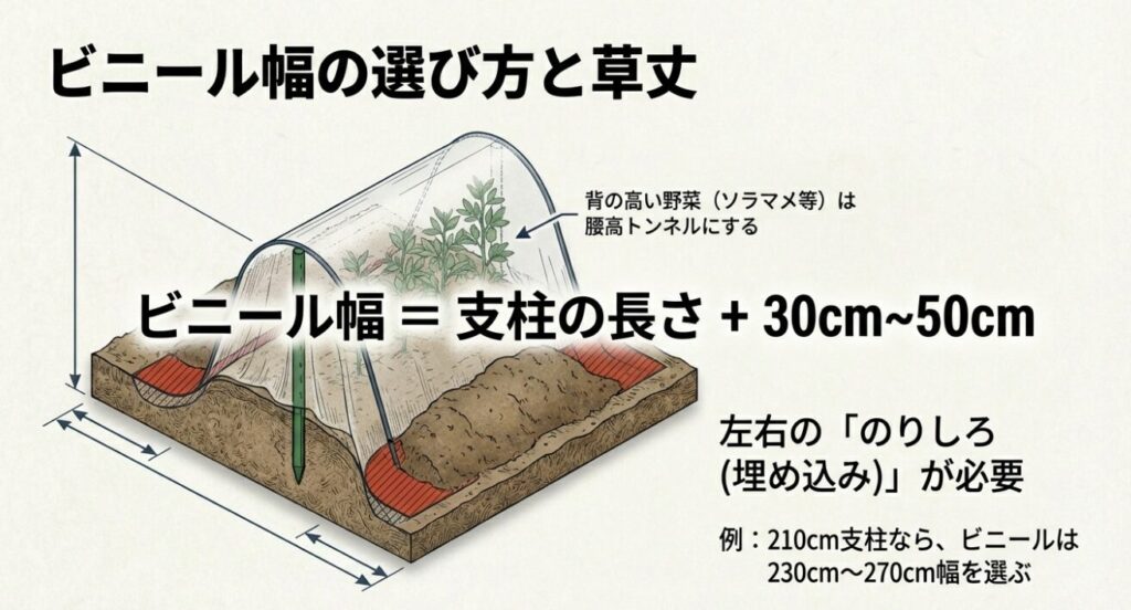 支柱の長さ＋30cm〜50cmの余裕（のりしろ）を持たせたビニール幅の選び方図解