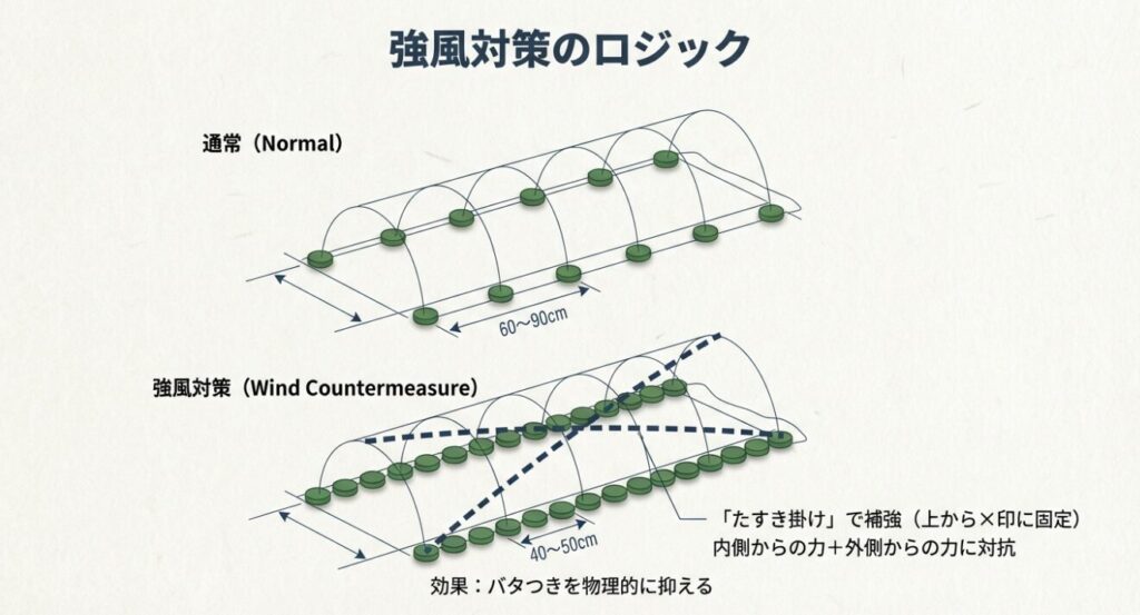 強風対策として支柱間隔を40〜50cmに狭める方法と、マイカー線によるたすき掛け補強のイラスト