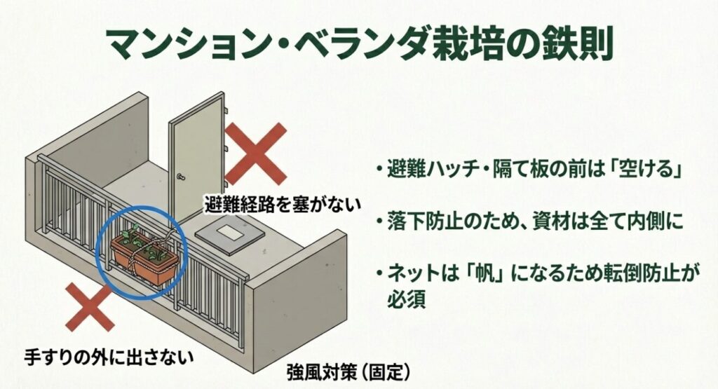 避難ハッチや隔て板を塞がない配置や、手すりの外に出さないなどのベランダ栽培の安全ルール図解。
