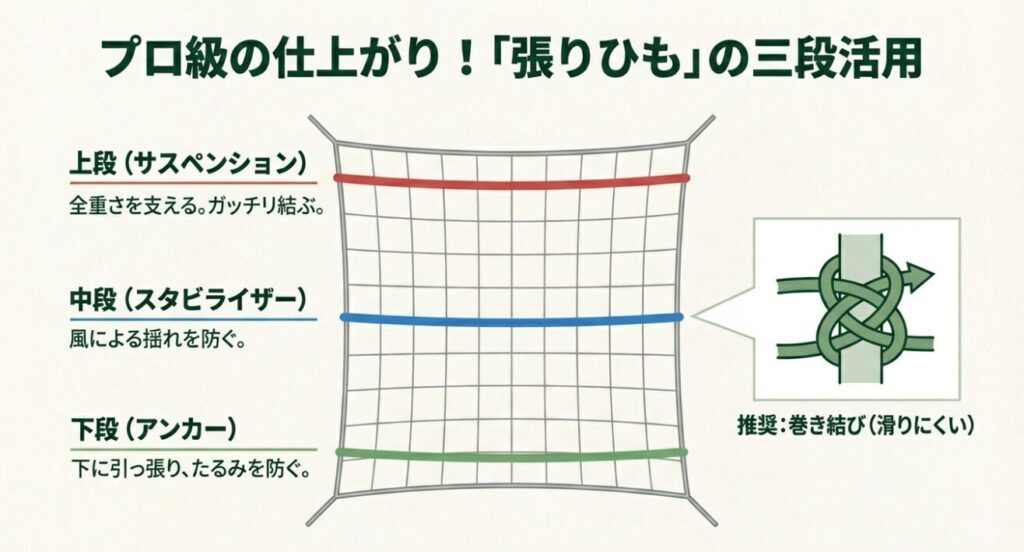 上段（サスペンション）、中段（スタビライザー）、下段（アンカー）の3箇所にひもを通してネットをピンと張るテクニック。