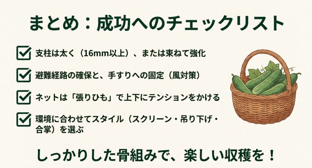支柱の太さ、固定、ネットのテンションなど、失敗しないための重要ポイントをまとめたチェックリスト。