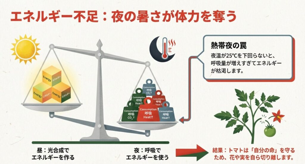 トマトが夜間の高温（25℃以上）による呼吸過多でエネルギーを消費し、花や実を切り離してしまう仕組みの図解