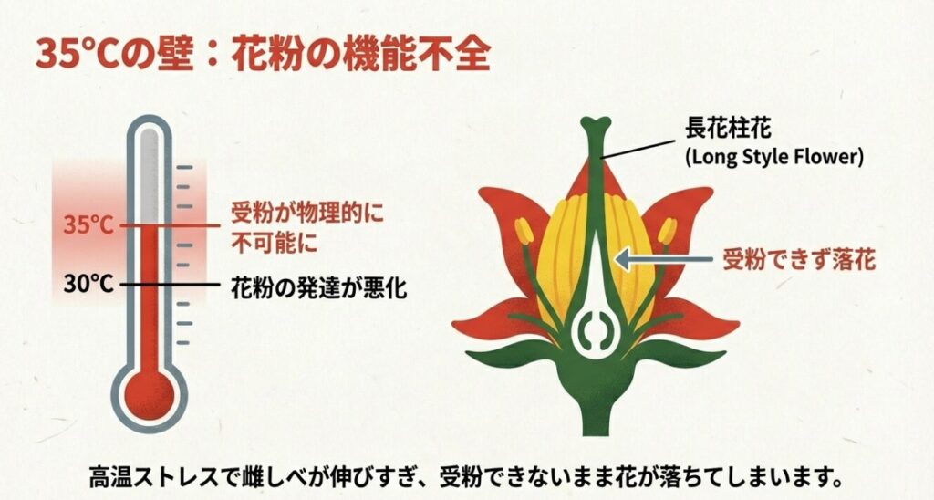 気温35℃を超えると花粉機能が低下し、雌しべが伸びすぎる長花柱花となって受粉できずに落花する様子