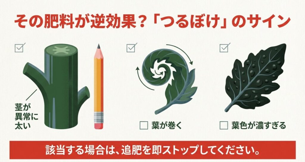 ミニトマトの茎が異常に太い、葉が巻く、葉色が濃すぎるといった「つるぼけ」状態を示すイラスト