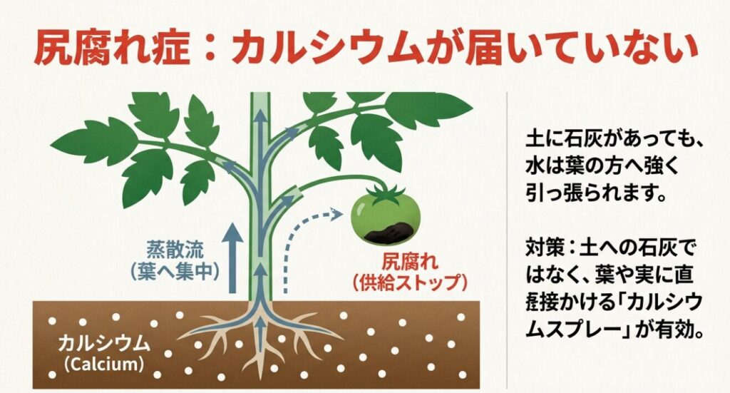 土壌にカルシウムがあっても、蒸散流によって水分が葉に集中し、実にカルシウムが届かずに尻腐れが起きるメカニズム図