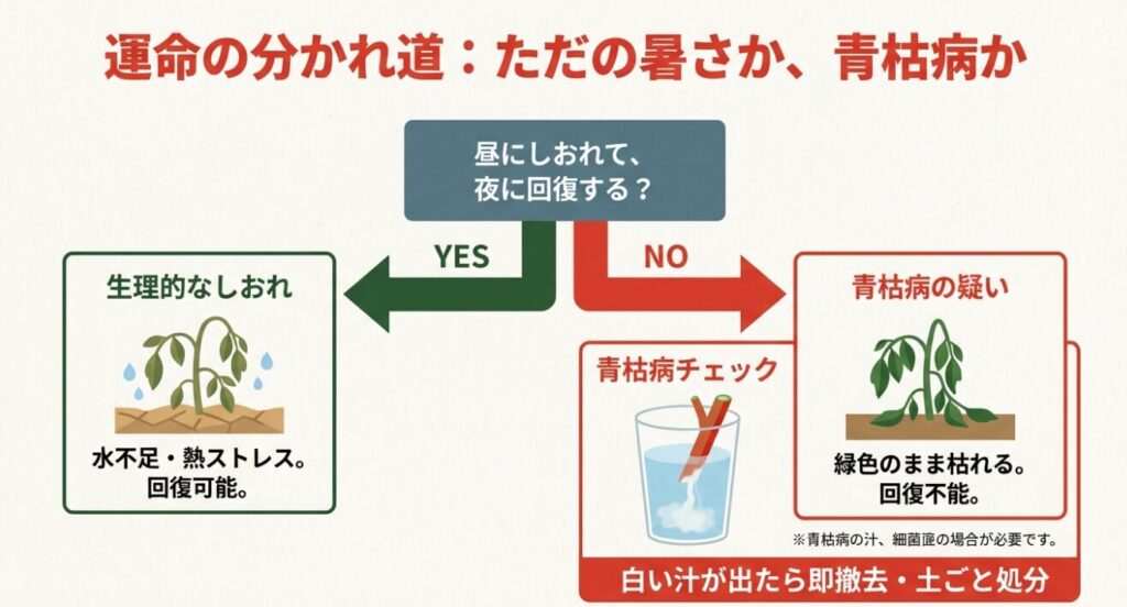 昼にしおれて夜に回復するか、白い汁が出るかによって、生理的なしおれと青枯病を見分けるフローチャート