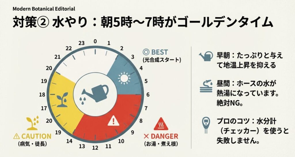 朝5時から7時が水やりのベストタイミングであり、昼間の水やりは熱湯による煮え根のリスクがあることを示す時計型グラフ