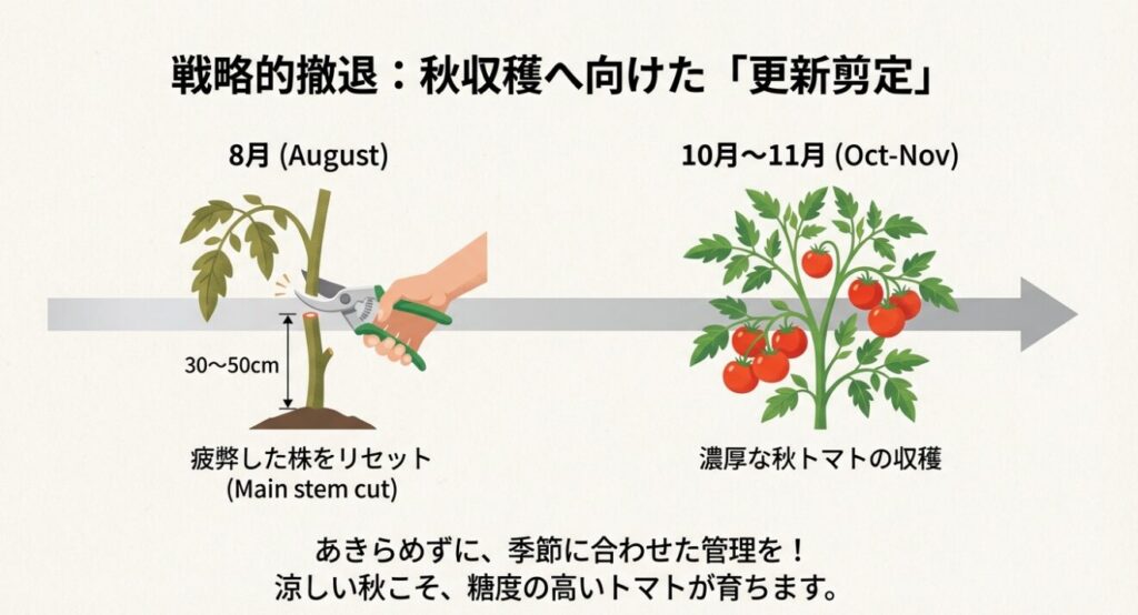 8月に疲弊したトマトの主枝を30〜50cmの高さで切り戻し、新しい脇芽を育てて10月以降に収穫する更新剪定の図解