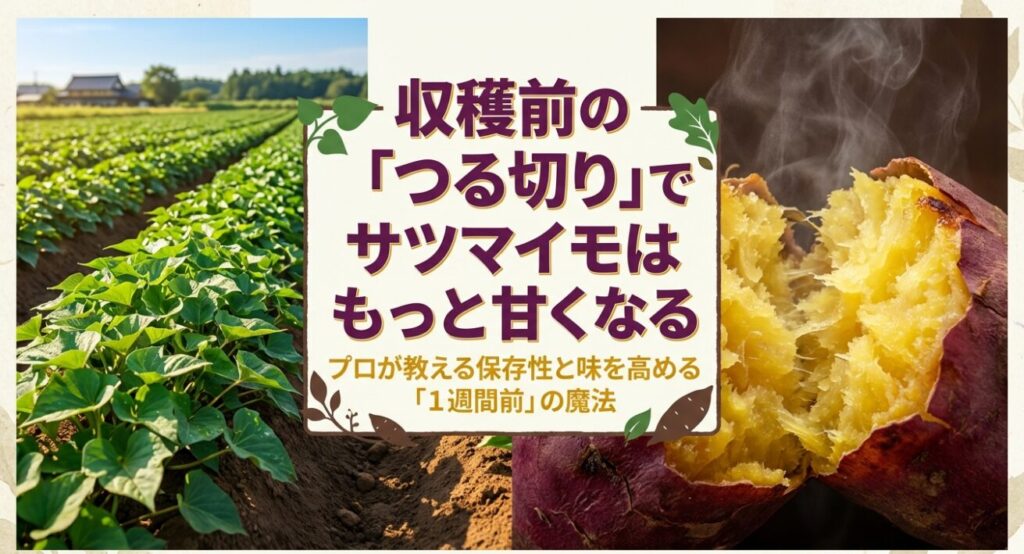 さつまいも収穫のプロが教える、保存性と味を高めるための「1週間前のつる切り」の重要性を説くタイトルスライド。