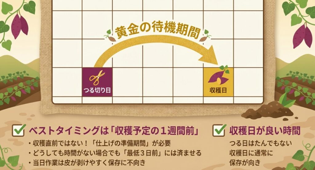 つる切り日は収穫の1週間前がベストタイミングであり、最低でも3日前には済ませるべきことを示すスケジュールの図解。