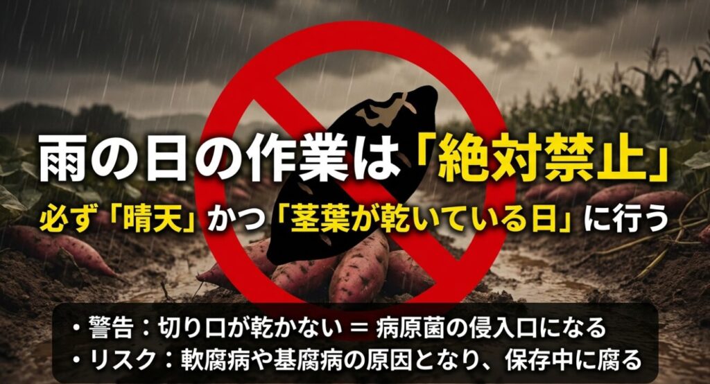雨の日の作業は切り口が乾かず病原菌の侵入口となり、軟腐病や基腐病の原因になるため、必ず晴天時に行うよう警告するスライド。