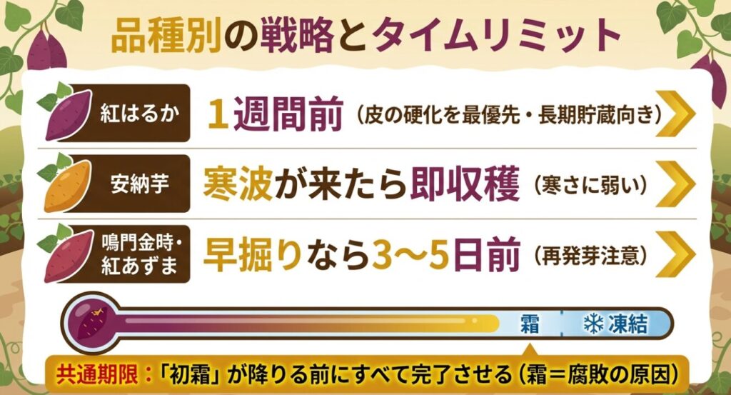 紅はるかは1週間前、安納芋は寒波が来たら即収穫など、品種ごとのタイムリミットと初霜に対する共通期限をまとめた表。
