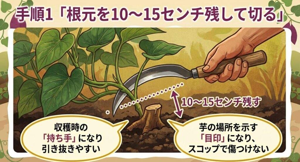 つるの根元を少し残して切ることで、収穫時の持ち手になり引き抜きやすく、芋の場所を示す目印にもなることを解説したイラスト。