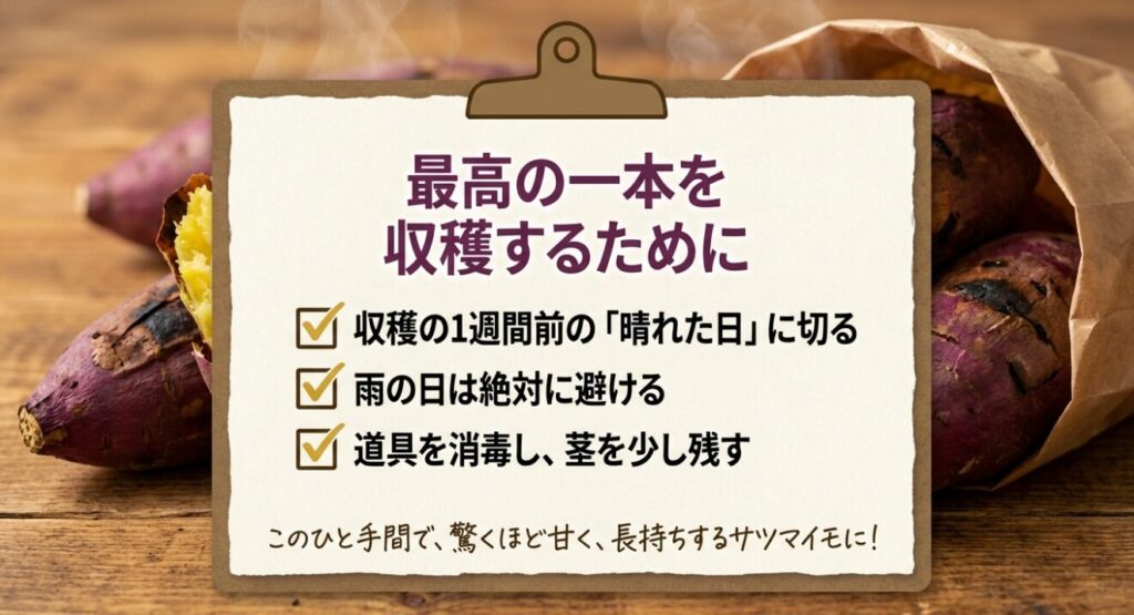 収穫1週間前の晴れた日に切る、雨の日は避ける、道具を消毒するといった、甘く長持ちするさつまいもを作るための重要ポイントまとめ。