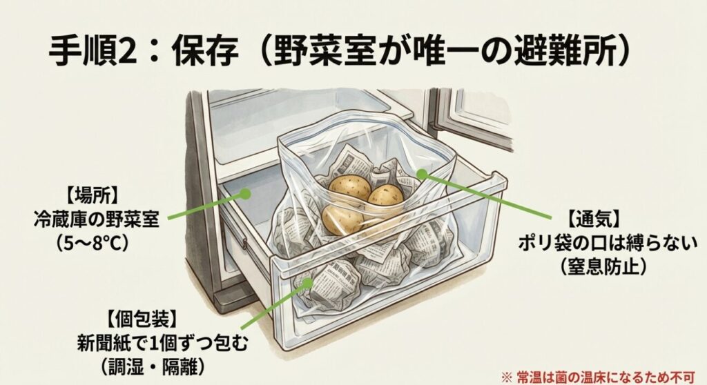 新聞紙とポリ袋を使用した、洗ったじゃがいもの冷蔵庫野菜室での保存方法。温度管理と窒息防止のポイント解説図。