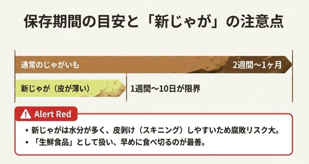 通常のじゃがいもと新じゃがの保存期間比較チャート。水分が多く皮が薄い新じゃがは1週間〜10日が限界であることを示す警告スライド。