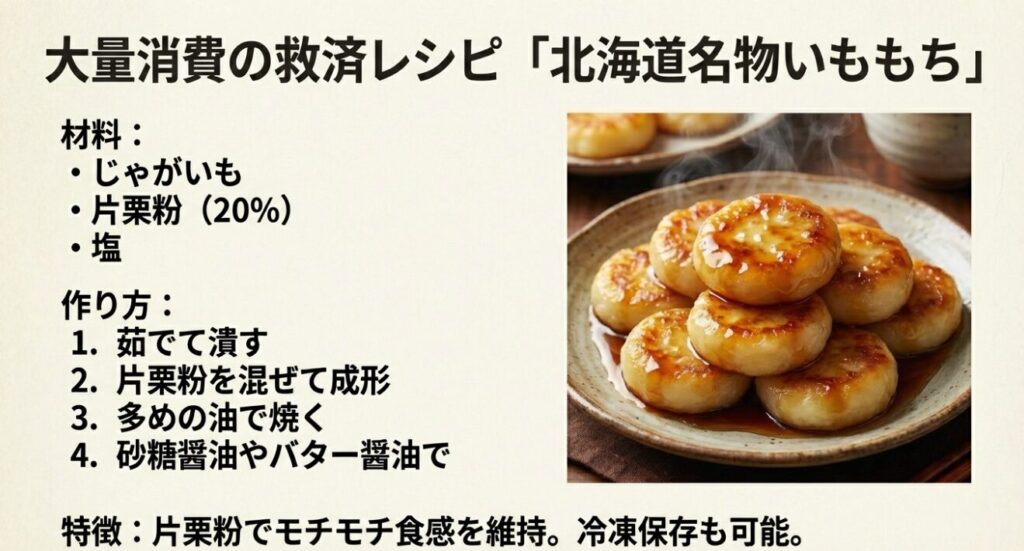 洗ってしまったじゃがいもの救済レシピ「いももち」の材料（片栗粉・塩）と作り方、完成イメージのイラスト。