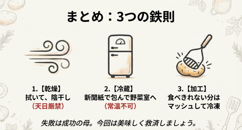 じゃがいもを洗ってしまった時の対策まとめ。1.乾燥（陰干し）、2.冷蔵（野菜室）、3.加工（マッシュ冷凍）の3ステップを図解したスライド。