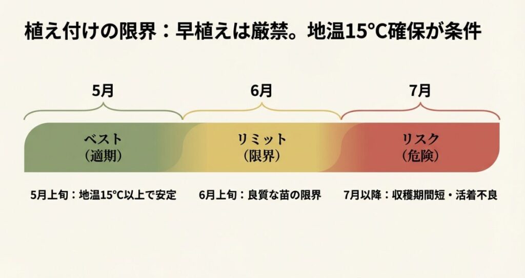 5月から7月までの植え付けタイミング図。5月がベスト、6月がリミット、7月以降はリスクが高いことを解説。地温15度以上が必要。