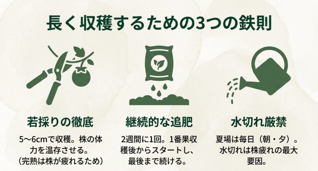 若採りの徹底、継続的な追肥、水切れ厳禁という3つのポイントを示すアイコンと解説。