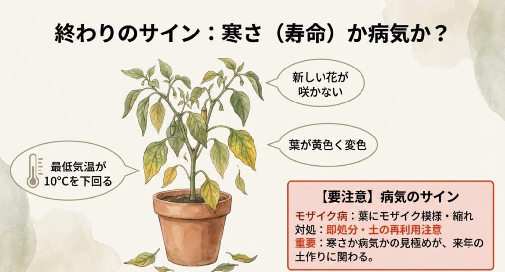 寒さで葉が黄色くなる生理現象と、モザイク病などの病気による枯れの症状を比較するイラスト。
