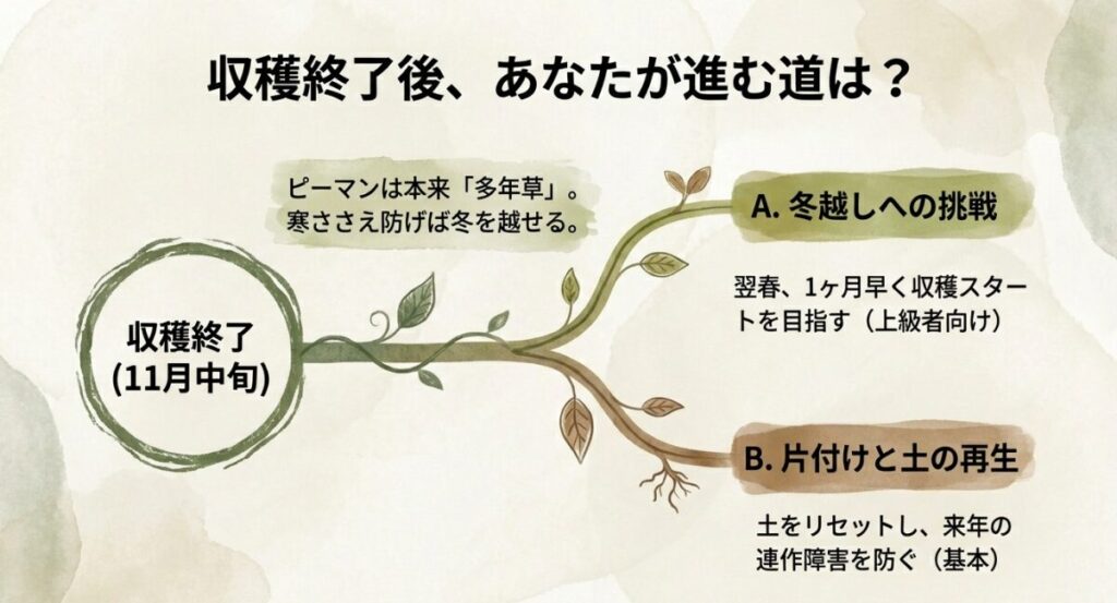 11月中旬の収穫終了後、冬越しに挑戦するルートAと、片付けて土を再生するルートBの分岐図。