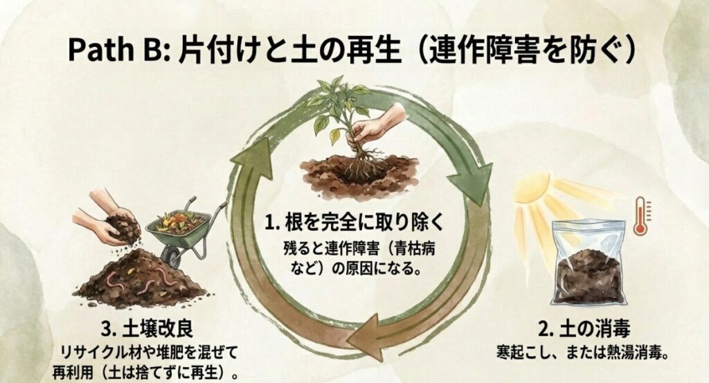 古い根を取り除く様子、土壌改良材を混ぜる様子など、連作障害を防ぐための土の再生手順イラスト。
