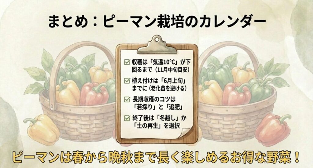 収穫終了目安、植え付け期限、長期収穫のコツ、終了後の選択肢をまとめたピーマン栽培の全体像。