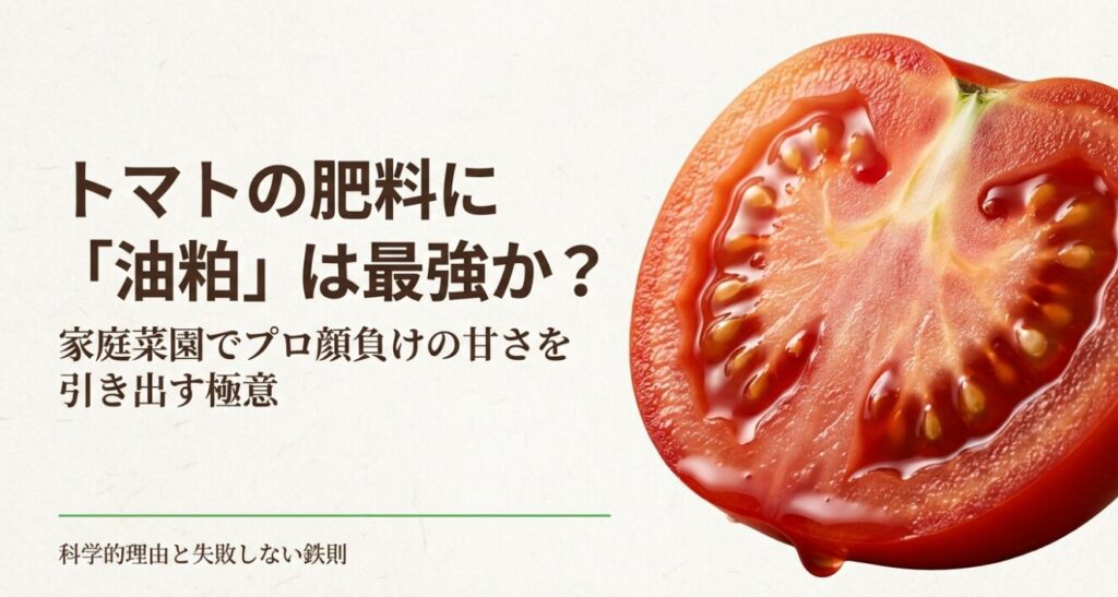 瑞々しいトマトの断面写真と「トマトの肥料に油粕は最強か？」というスライドのタイトル文字