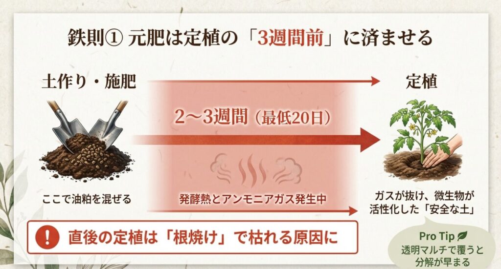 定植の3週間前に油粕を土に混ぜ、発酵熱とガスを抜いて安全な土を作る手順のイラスト