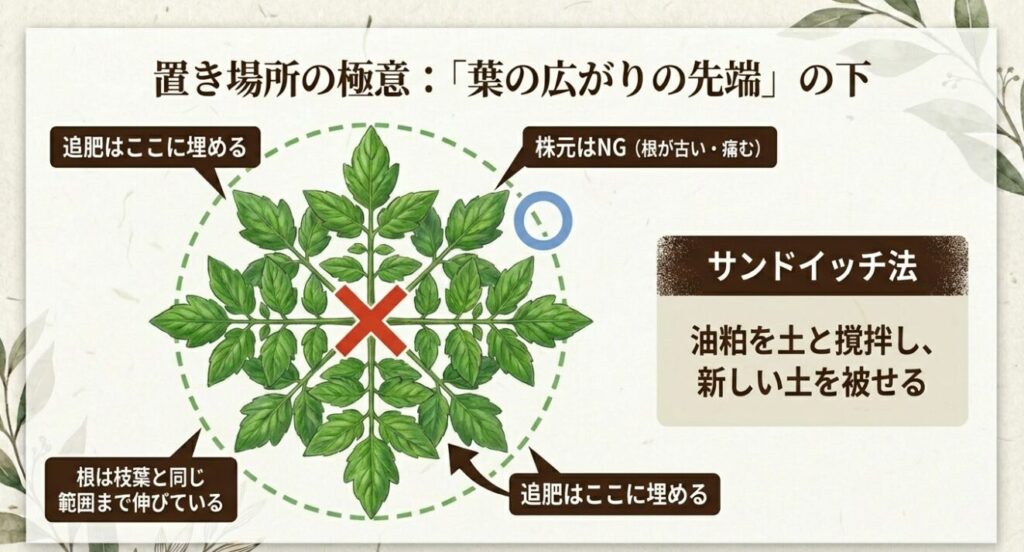 トマトの根は枝葉と同じ範囲まで伸びているため、株元ではなく葉の広がりの先端の下に追肥を埋めることを示す図