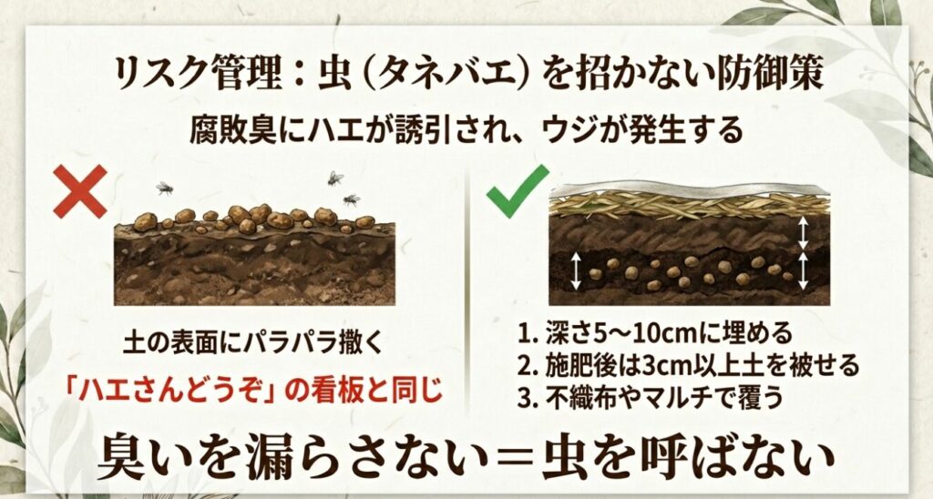 油粕を深さ5〜10cmに埋めて土を被せ、臭いを漏らさないことで虫の発生を防ぐ手順のイラスト
