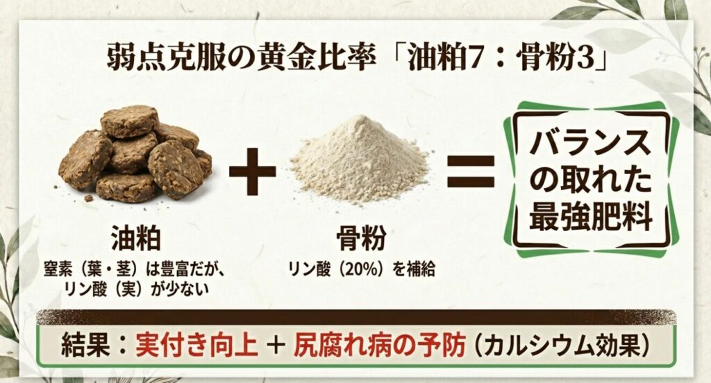 窒素が多い油粕にリン酸が豊富な骨粉を混ぜ合わせ、実付きを良くするバランスの取れた配合比率の図